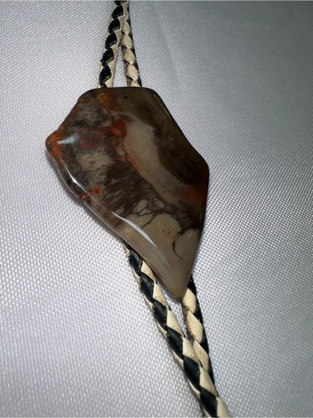 Vintage Polished Petrified Wood Gemstone Bolo Tie Silver Tips Western Rockabilly